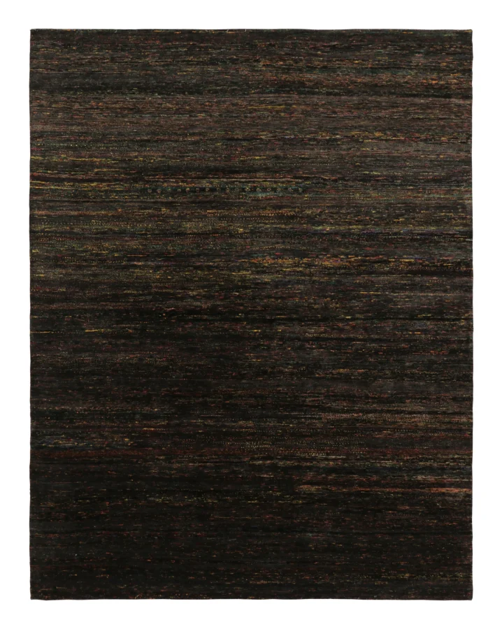 Rug & Kilim’s Modern Textural Rug, Polychromatic Striae on Rich Black Tones