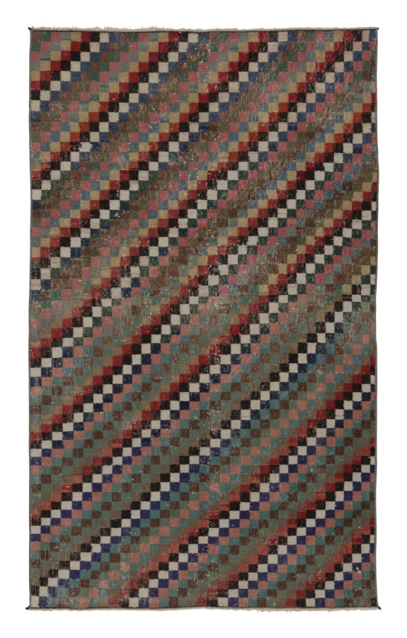 Vintage Distressed Rug with Muted Geometric Diamond Mosaic - Rug & Kilim
