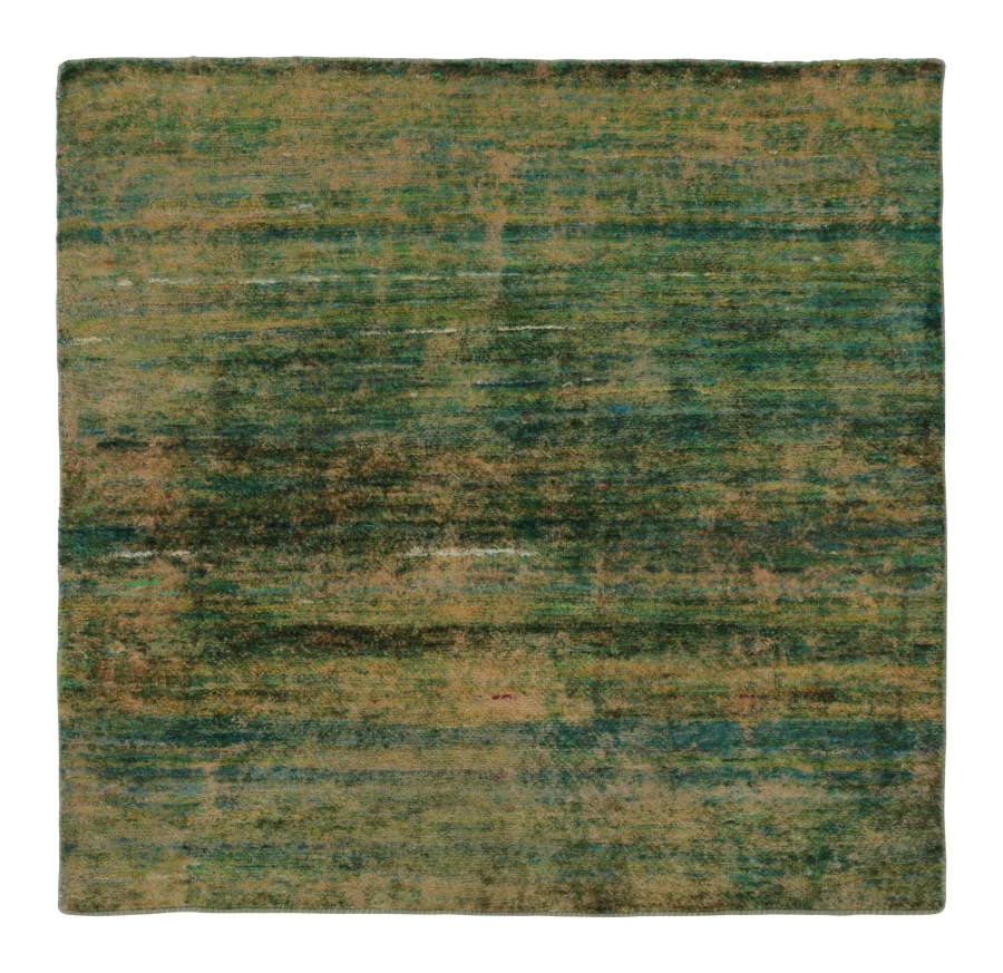 Rug & Kilim’s Modern Textural Square Rug, Warm Tone-on-Tone Green and Gold