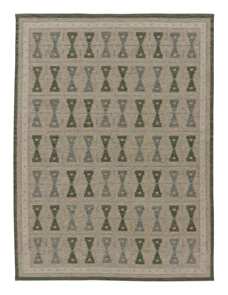 Rug & Kilim’s Scandinavian Rug, Hourglass Geometric Patterns in Green