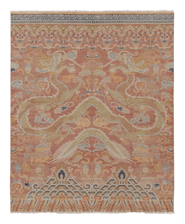 Rug & Kilim’s Distressed Dragon Rug, Rust and Gold with Dramatic Pictorials