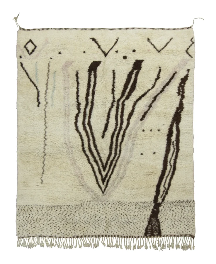 Vintage Moroccan rug, White with Bold Brown Primitivist Geometry - Rug & Kilim