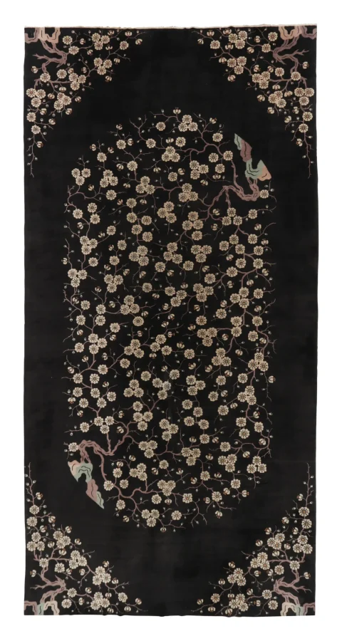 Oversized Antique Chinese Art Deco Rug, Black with Floral Patterns - Rug & Kilim
