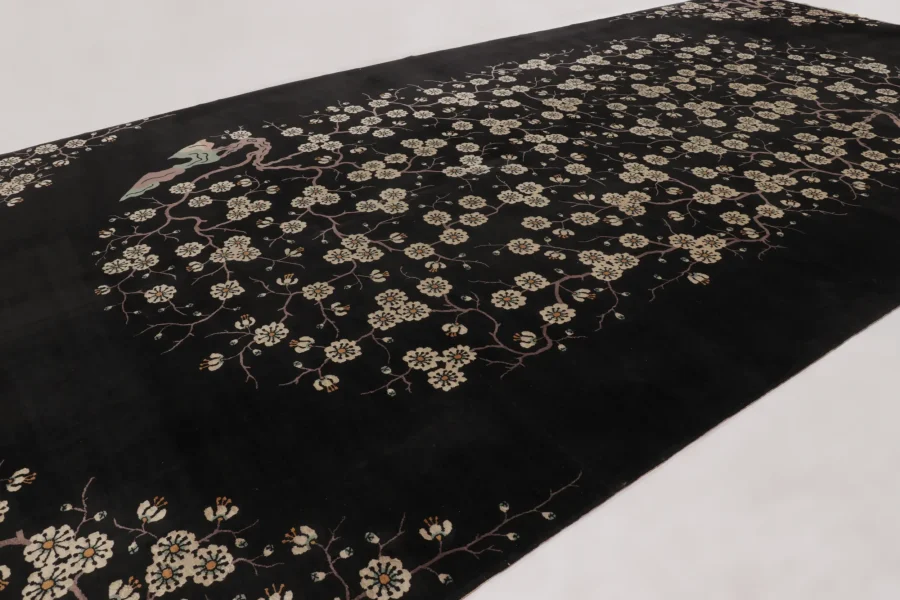 Hover image of Oversized Antique Chinese Art Deco Rug, Black with Floral Patterns - Rug & Kilim