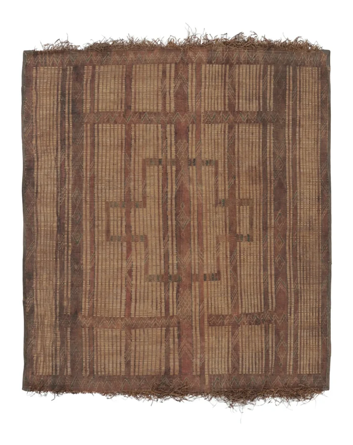 Square Vintage Tuareg Mat, Tribal Geometric Motifs in Beige-Brown - Rug & Kilim