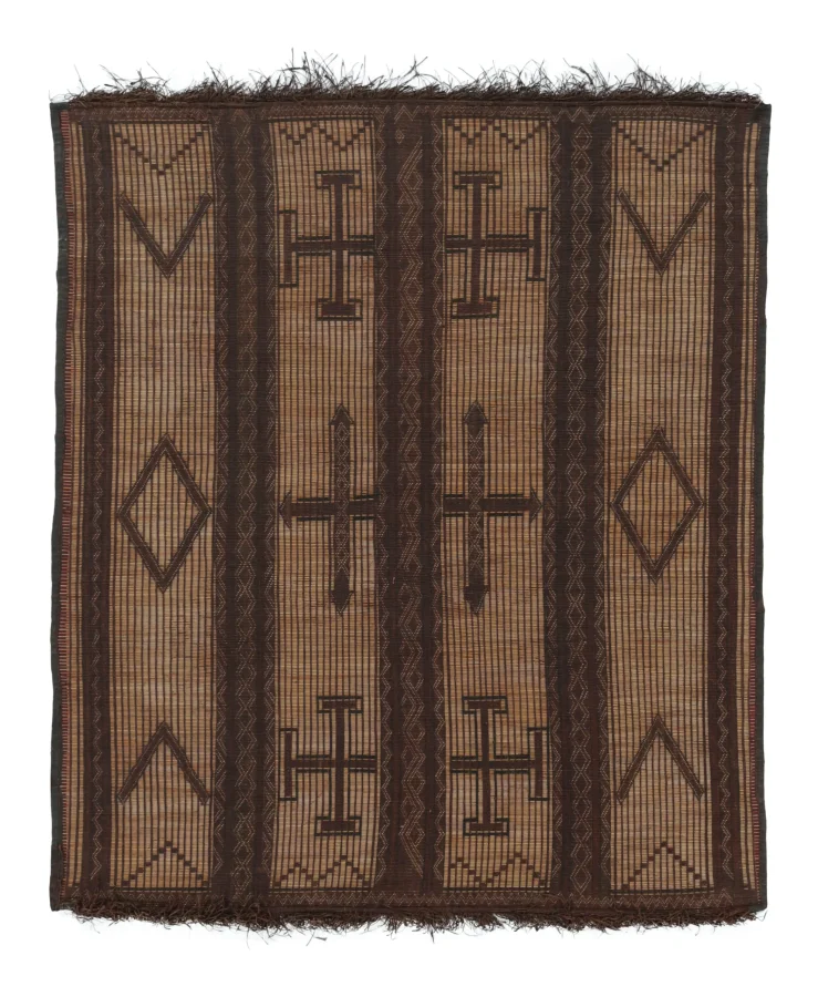 Vintage Tuareg Mat, Beige-Brown with Bold Tribal Geometric Motifs - Rug & Kilim