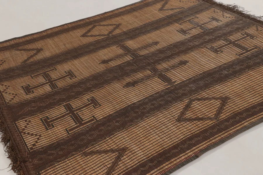 Hover image of Vintage Tuareg Mat, Beige-Brown with Bold Tribal Geometric Motifs - Rug & Kilim