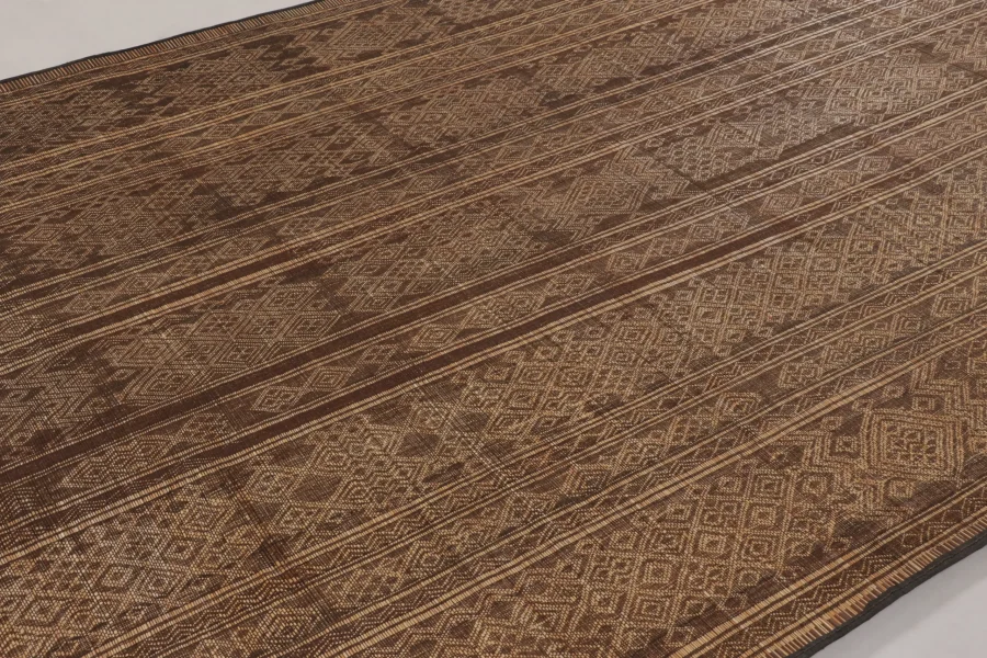 Hover image of Vintage Tuareg Mat, Rich Brown with Gold Tribal Geometric Patterns - Rug & Kilim