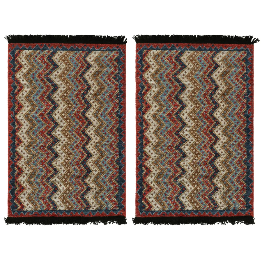 Rug & Kilim’s Twin Tribal Rugs in Red, Blue and Beige-brown Chevrons