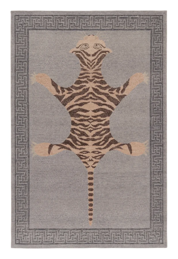 Rug & Kilim’s Distressed Tiger Rug in Gray with Beige and Chocolate Pictorial