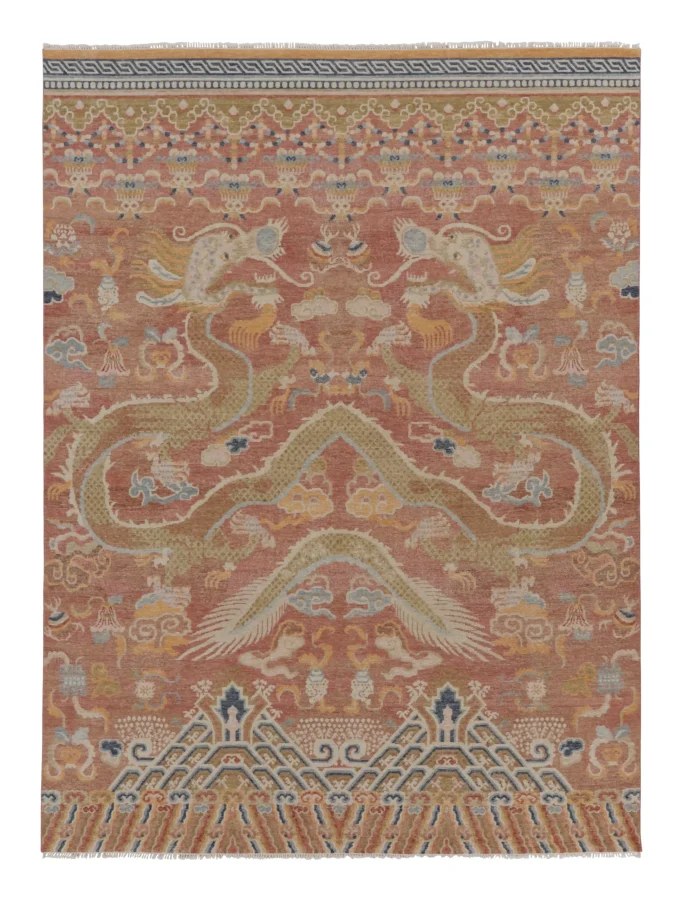 Rug & Kilim’s Distressed Dragon Rug, Rust and Gold with Dramatic Pictorials
