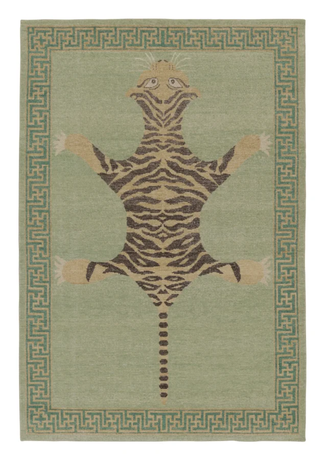 Rug & Kilim’s Distressed Tiger Rug in Green with Beige and Brown Pictorial