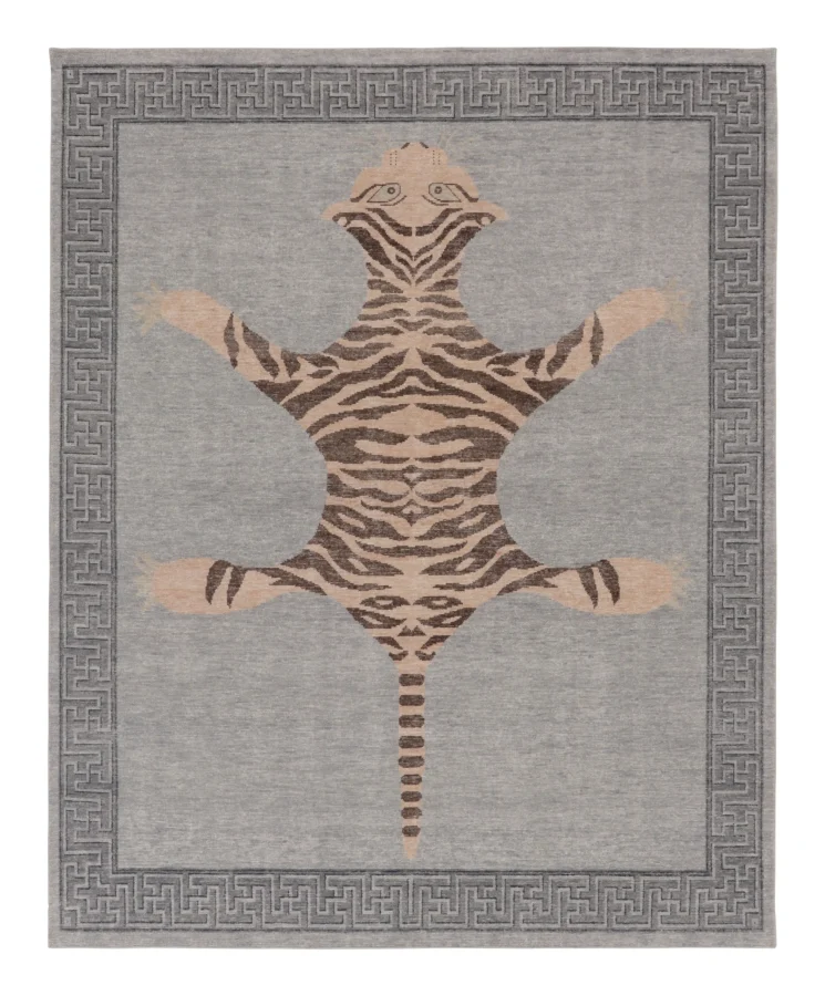 Rug & Kilim’s Distressed Tiger Rug in Gray with Beige and Brown Pictorial