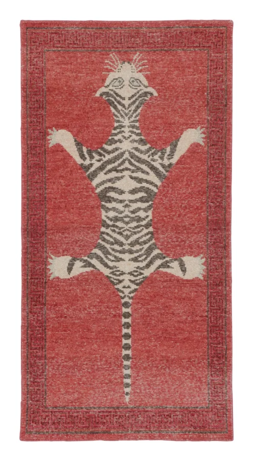 Rug & Kilim’s Distressed Tiger Runner Rug in Red with Beige and Brown Pictorial