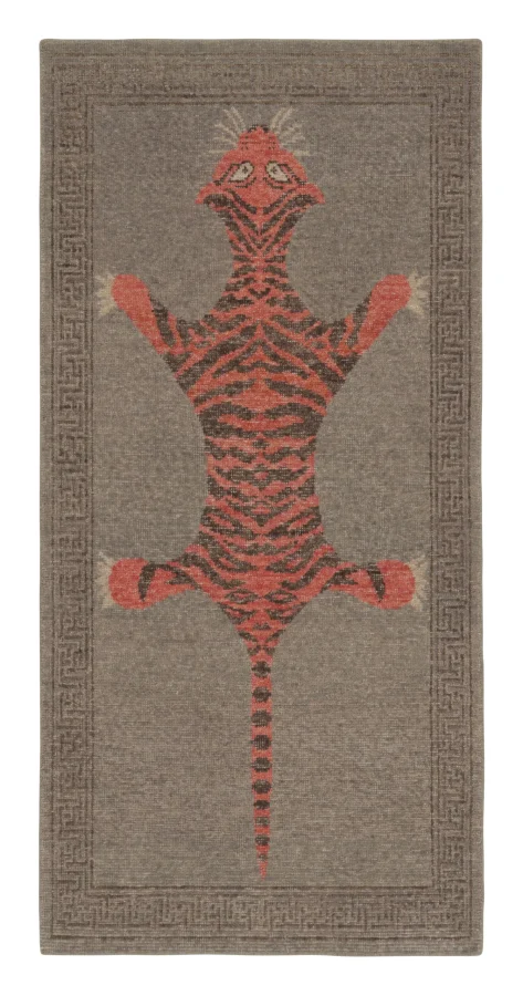 Rug & Kilim’s Distressed Tiger Runner Rug with Gray and Orange Pictorial