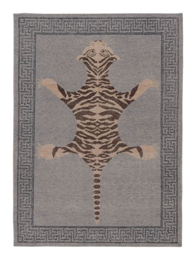 Rug & Kilim’s Distressed Tiger Rug in Gray with Beige and Brown Pictorial