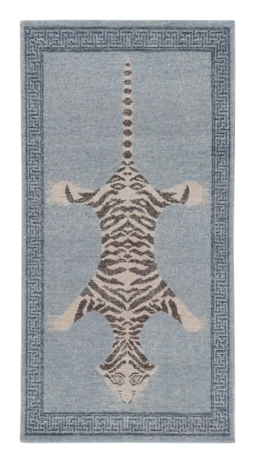 Rug & Kilim’s Distressed Tiger Runner Rug in Blue with Beige and Brown Pictorial