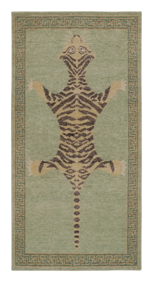Rug & Kilim’s Distressed Tiger Runner in Green with Beige and Brown Pictorial