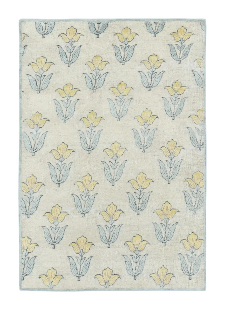 Rug & Kilim’s Block Print Rug with Ivory Field and Gold Floral Blossoms