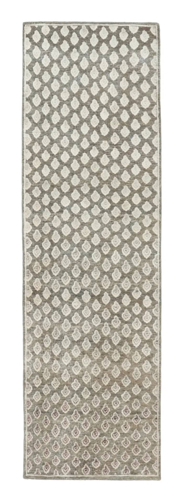 Rug & Kilim’s Block Print Runner Rug, Brown with Cream Floral Motifs