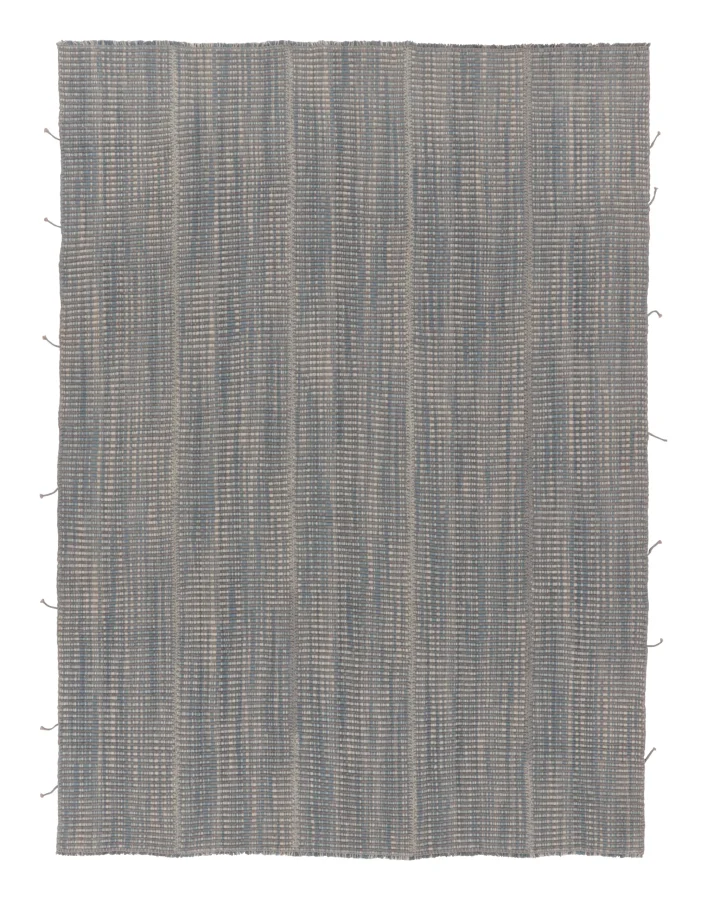 Rug & Kilim's Contemporary Kilim, Beige-Blue Textural Stripes with Gray Accents