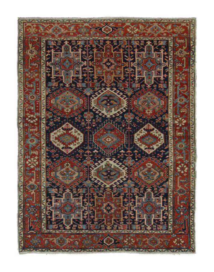 Antique Qashqai Rug in Red and Black with Medallions
