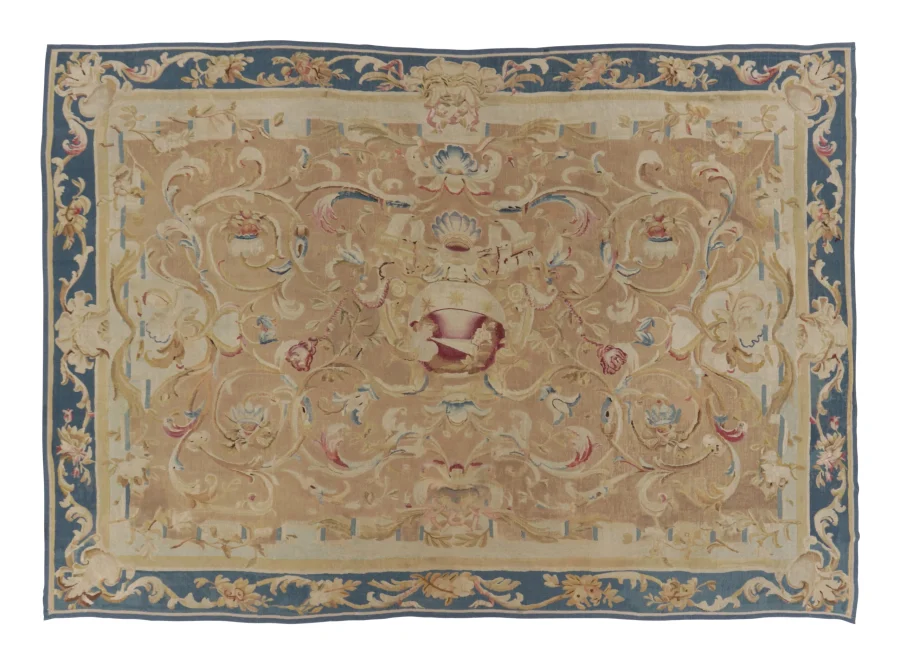 Antique French Aubusson Rug, Neoclassical Design in Gold & Blue - Rug & Kilim