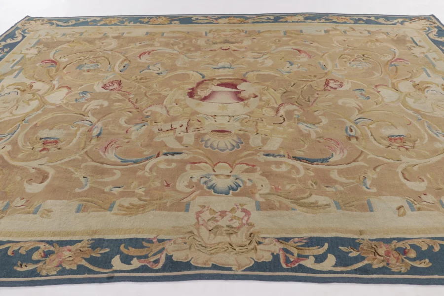 Hover image of Antique French Aubusson Rug, Neoclassical Design in Gold & Blue - Rug & Kilim