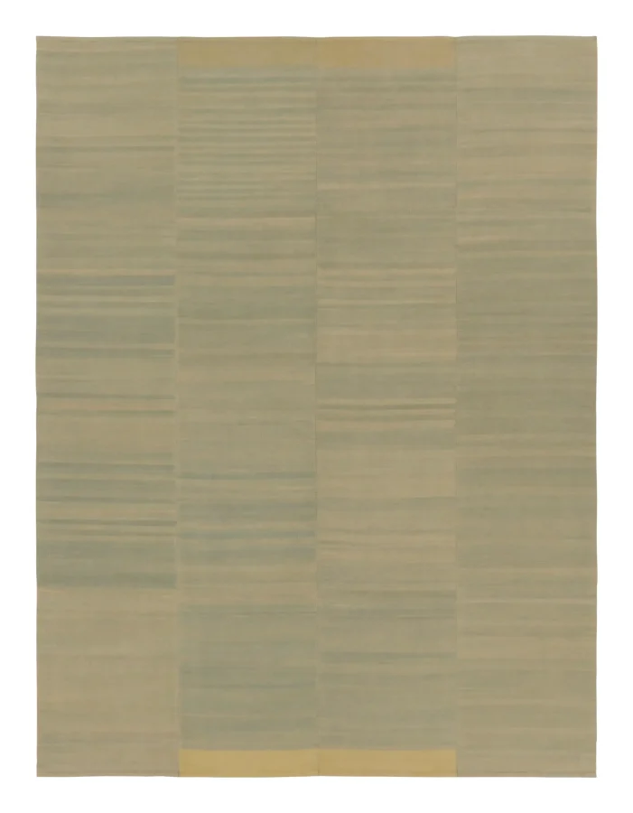 Rug & Kilim’s Contemporary Textural Solid Kilim in Ice Blue and Gold Tomes