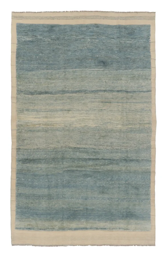 Rug & Kilim’s Contemporary Textural Kilim in Teal and Beige Striae