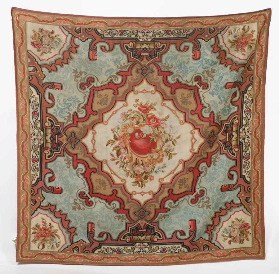 Hover image of Antique 19th Century Spanish Rocaille Square Tapestry with Florals - Rug & Kilim