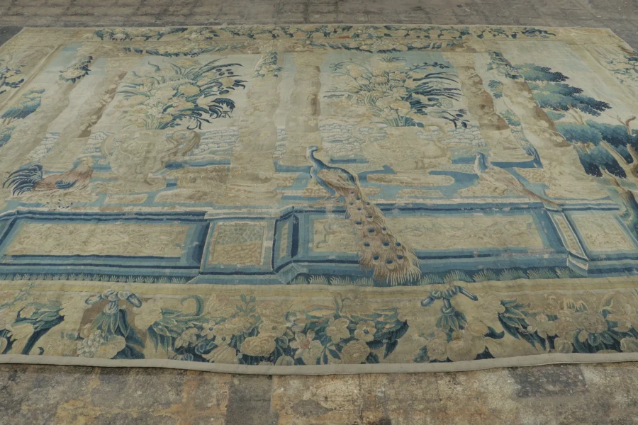 Hover image of Antique Belgian Tapestry with Garden Landscape and Bird Pictorials - Rug & Kilim