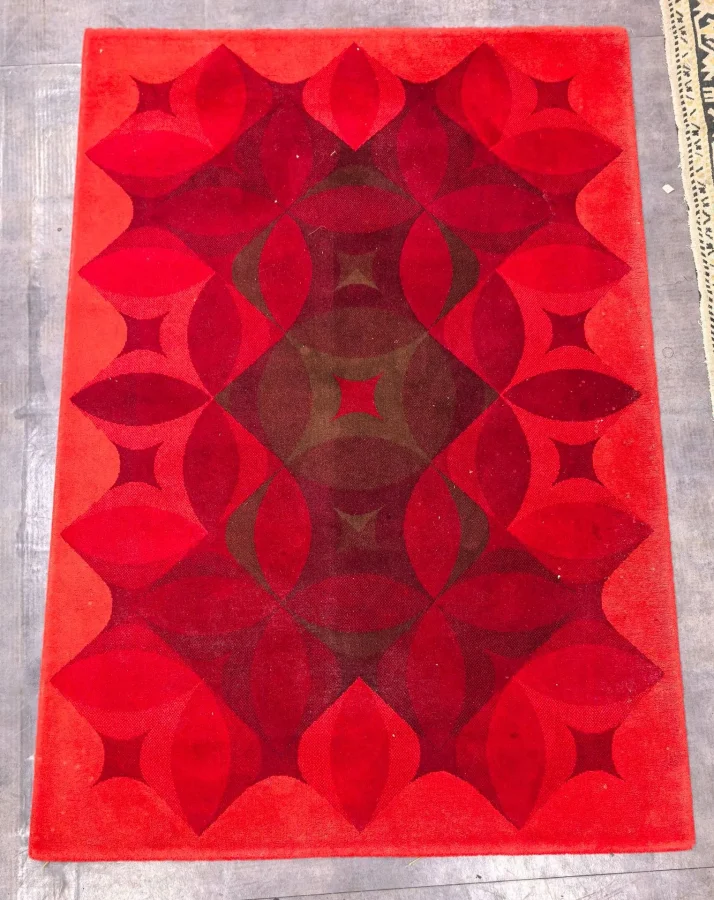 Vintage Danish Rug with Bold Red and Pink Geometric Design - Rug & Kilim