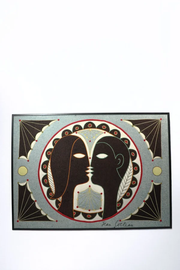 Hover image of Vintage French Framed Pictorial Tapestry titled "Les Amoureaux" by Jean Cocteau