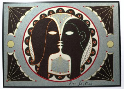 Vintage French Framed Pictorial Tapestry titled "Les Amoureaux" by Jean Cocteau