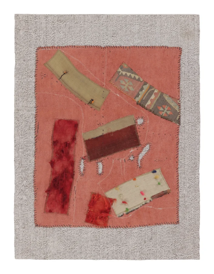 Vintage Patchwork Tapestry “Fragments of Time” in Neutral Pink Hues - Rug & Kilim