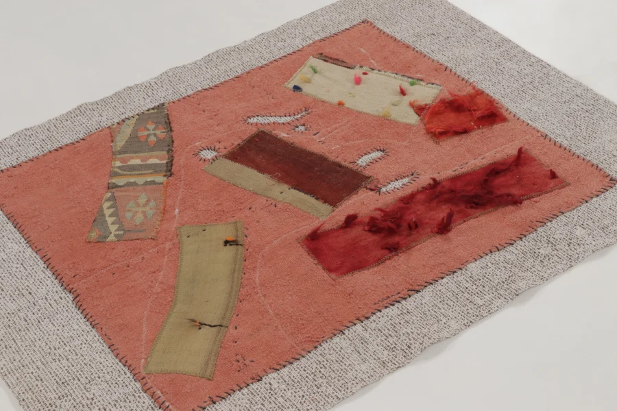 Hover image of Vintage Patchwork Tapestry “Fragments of Time” in Neutral Pink Hues - Rug & Kilim