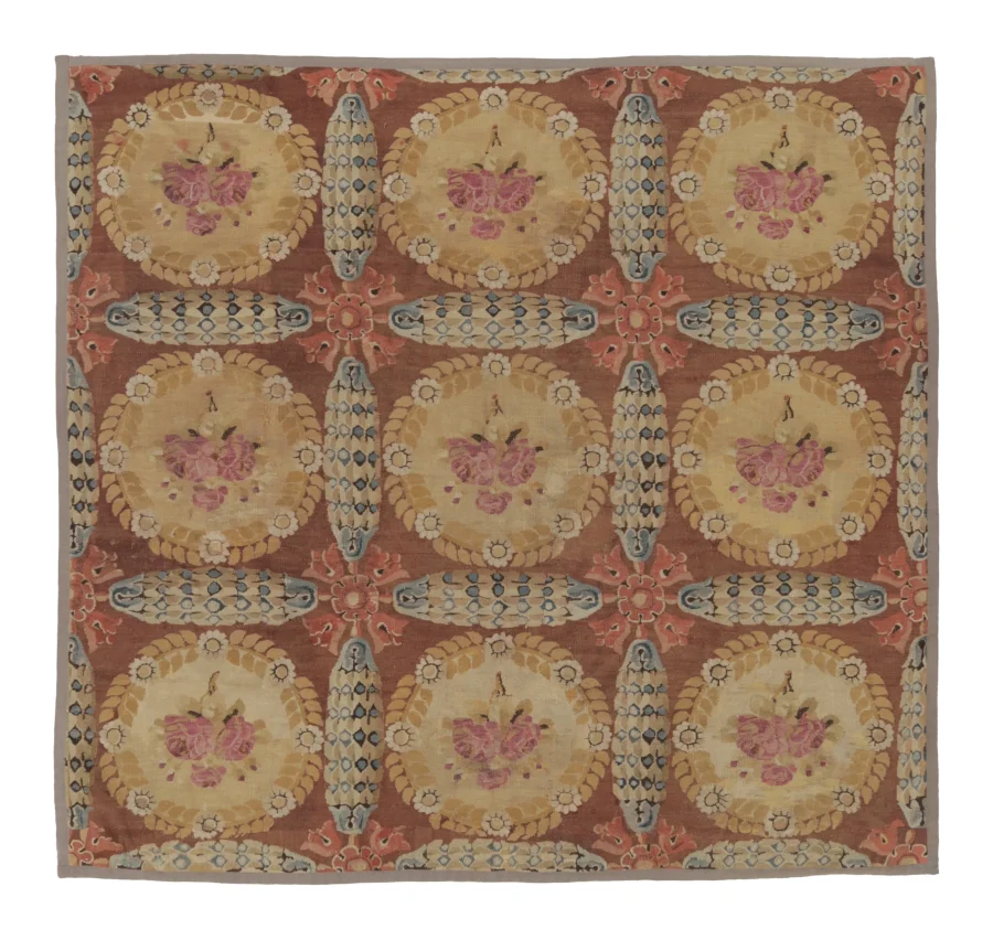 Antique 19th Century Aubusson Square Rug with Bold Floral Medallion - Rug & Kilim