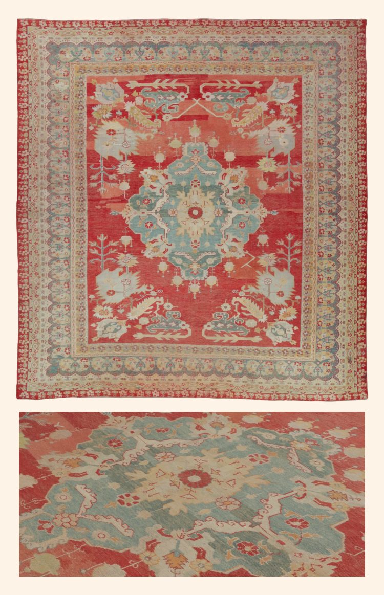 Oversized Antique Turkish Oushak in Red with Blue Floral Medallion - Rug & Kilim, NO. 36663 Oversized Antique Turkish Oushak in Red with Blue Floral Medallion - Rug & Kilim, NO. 36663
