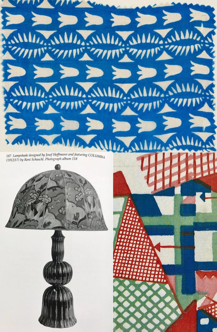 Top: Heron by Carl Otto Czeschka for Wiener Werkstätte, block printed silk, 1910-11. Image courtesy of Harvard Art Museums Bottom Left: printed silk designed by Maria Likarz-Strauss, 1924. Image courtesy of MAK. Bottom Right: design for Fidelio in gouache by Maria Likarz-Strauss, c.1928. Image courtesy of Cooper Hewitt. Top: Heron by Carl Otto Czeschka for Wiener Werkstätte, block printed silk, 1910-11. Image courtesy of Harvard Art MuseumsBottom Left: printed silk designed by Maria Likarz-Strauss, 1924. Image courtesy of MAK. Bottom Right: design for Fidelio in gouache by Maria Likarz-Strauss, c.1928. Image courtesy of Cooper Hewitt.