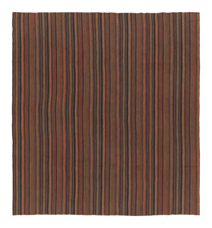 Vintage Palas Bidjar Square Kilim in Brown & Red with Bold Stripes - Rug & Kilim