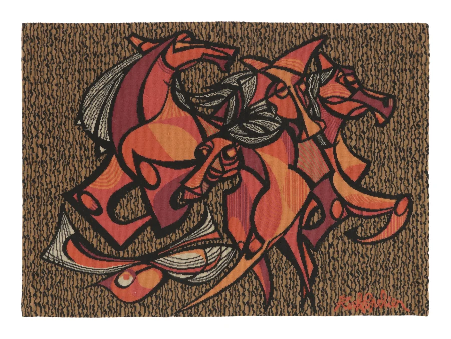 Signed Vintage French Tapestry "Wild Galop" by Roch Popelier - Rug & Kilim