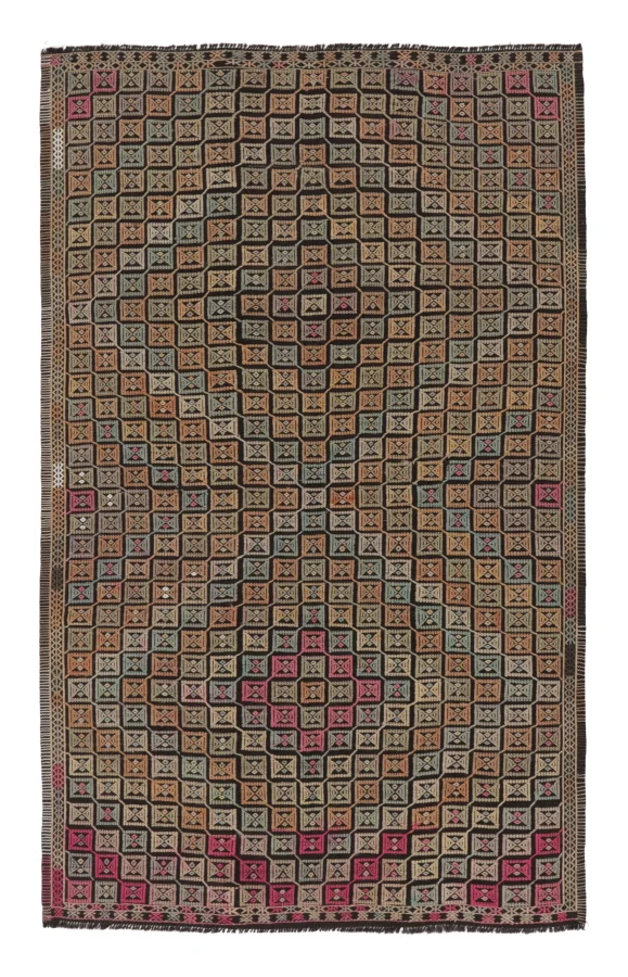 Vintage Turkish Geometric Kilim with Concentric Diamond Designs - Rug & Kilim
