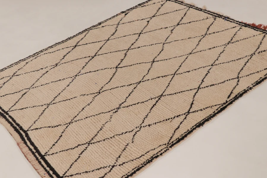 Hover image of Vintage Moroccan Rug with Tribal Diamond Grid in Beige & Black - Rug & Kilim