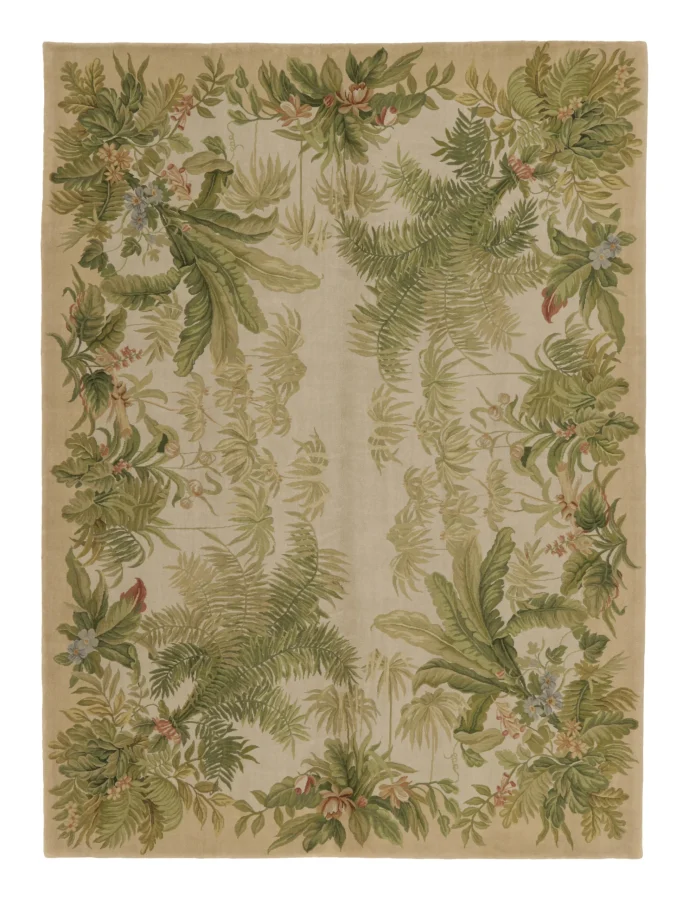 Antique Savonnerie Rug with Botanical Green Floral Design - Rug & Kilim