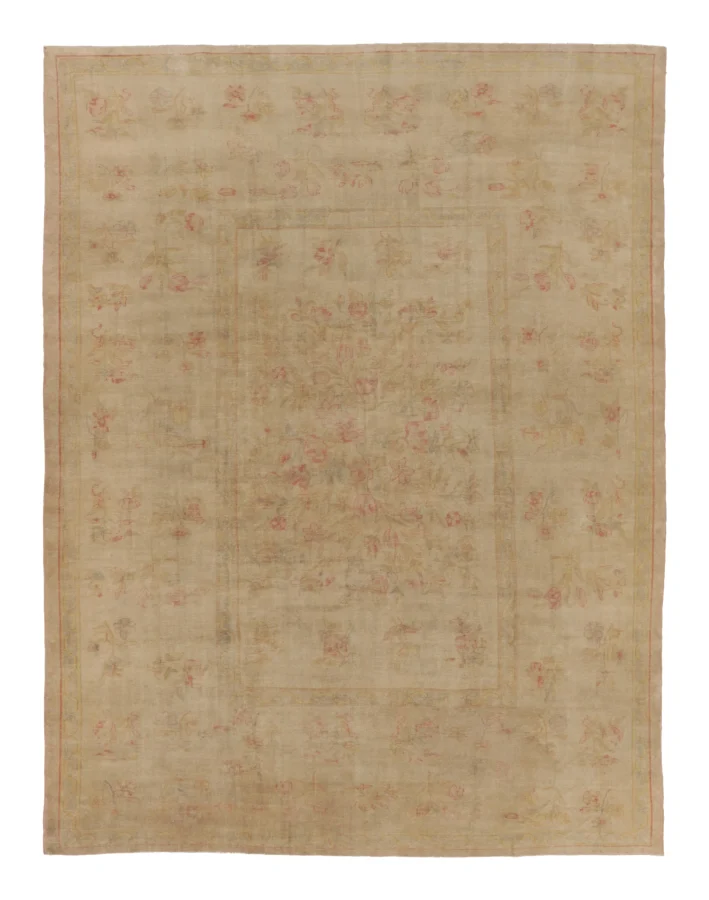 Oversized Vintage Aubusson Floral Rug in Beige & Pale Pink - Rug & Kilim