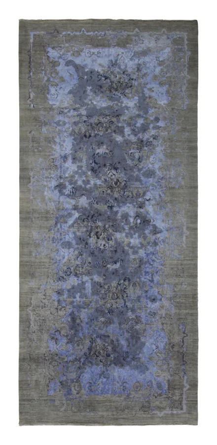 Rug & Kilim’s Distressed Modern Runner with Abstract Florals in Muted Blue & Green