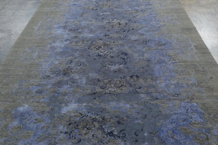 Hover image of Rug & Kilim’s Distressed Modern Runner with Abstract Florals in Muted Blue & Green