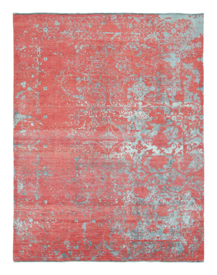 Rug & Kilim’s Distressed Modern Rug with Abstract Florals in Coral & Gray Hues
