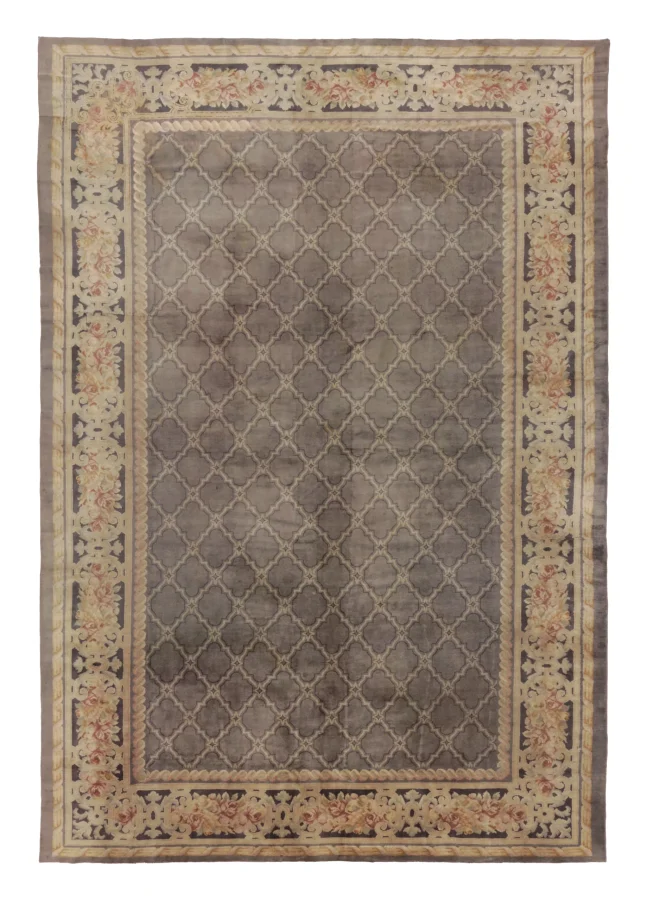 Oversized Antique Spanish Rug with Delicate Lattice in Gray & Beige - Rug & Kilim